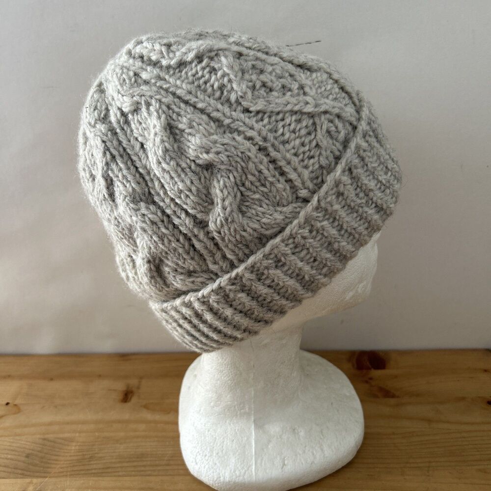 Aran Sweater Market Hat Cream/Grey Cable Knit Wool Knit Fleece Lined Beanie OS - Picture 4 of 8